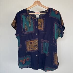 Vintage 90's Young Hawaii Floral Patterned Rayon Top / Sz L / Button Up / Retro